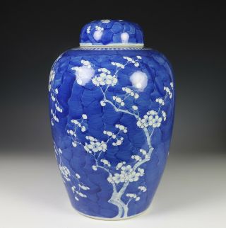 Large Antique Chinese Blue And White Porcelain Covered Prunus Jar