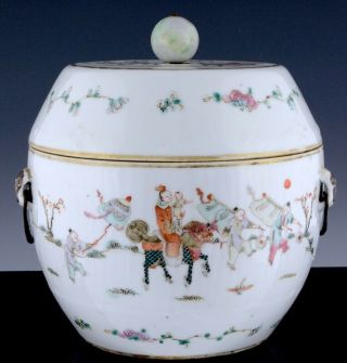 Fine Large 19c Chinese Famille Rose Imperial Boy Figures Lidded Serving Bowl Jar