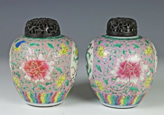 Antique Chinese Porcelain Enameled Jars with Dragons,  Wood Covers - 18c 2