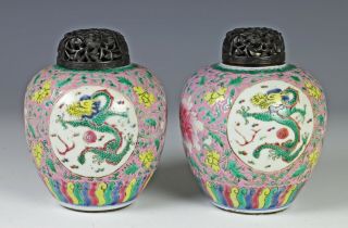Antique Chinese Porcelain Enameled Jars with Dragons,  Wood Covers - 18c 3