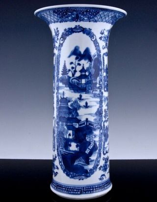 Fine 18/19thc Chinese Blue White Mountain Landscape Flared Top Porcelain Vase