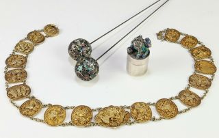 Group Of Old Chinese Gilt And Enameled Silver Seal Pins Necklace Etc