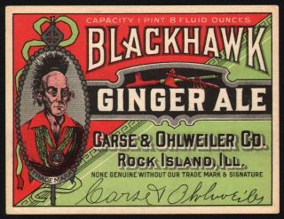 Vintage Soda Pop Bottle Label Blackhawk Ginger Ale 1pt 8oz Indian Rock Island Il