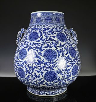 Massive Antique Chinese Blue and White Hu Form Porcelain Vase with Qianlong Mark 2