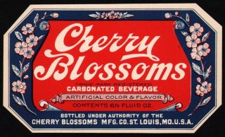 Vintage Soda Pop Bottle Label Cherry Blossoms 6 1/2oz St Louis Mo Old Stock