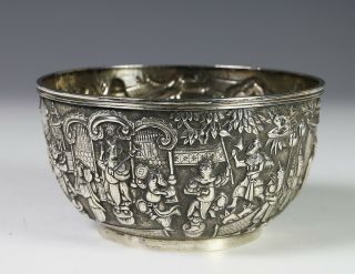 Antique Chinese Export Silver Bowl With Figures By Wang Hing