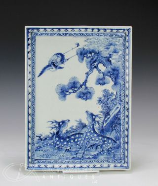 Large Antique Chinese Blue And White Porcelain Tray Plaque With Deer