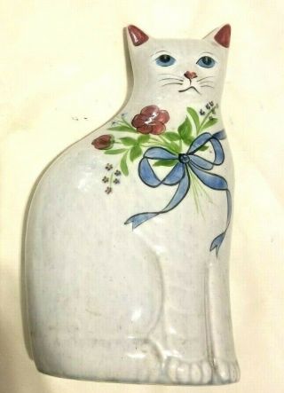 Hand Painted Decorated N.  S.  Gustin Ceramic Cat Figurine 14 " Blue & Flowers Usa