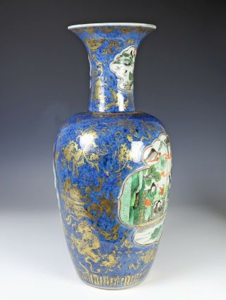 Large Antique Chinese Powder Blue Vase with Famille Verte Panels 4