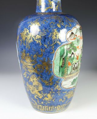 Large Antique Chinese Powder Blue Vase with Famille Verte Panels 5