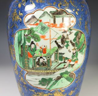 Large Antique Chinese Powder Blue Vase with Famille Verte Panels 6
