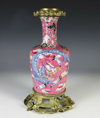 Unusual Antique Chinese Enameled Vase With Dragons And Ormolu Bronze Mounts