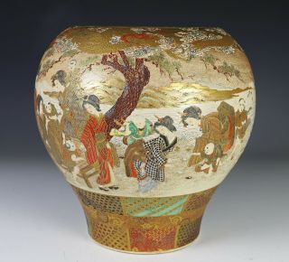 Large Antique Japanese Satsuma Pottery Vase With Continuous Landscape