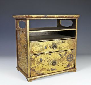 Exceptional Antique Japanese Lacquer Two Drawer Cabinet With Applied Silver