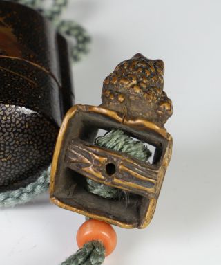 Antique Japanese Two Part Lacquer Inro with Attached Wood Netsuke 6