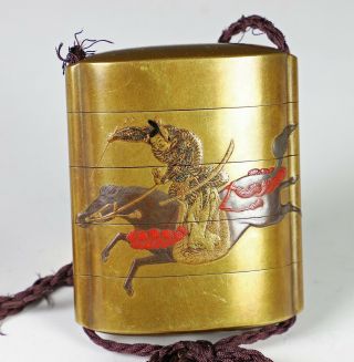 Antique Japanese Five Section Lacquer Inro With Warrior On Horseback