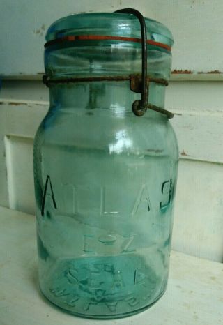 Vintage Atlas E - Z Seal Blue Wire Bale Glass Lid Mason Jar Quart Sized