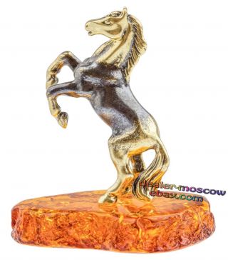 Bronze Solid Brass Baltic Amber Figurine Graceful Horse Ironwork Miniature