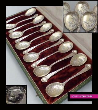 Stunning Antique 1880s French Sterling Silver Vermeil Ice Cream Spoons Set 12 Pc