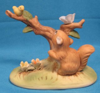 Brown Squirrel Sees Yellow Bird In Tree Porcelain Figurine Statue Lefton Taiwan