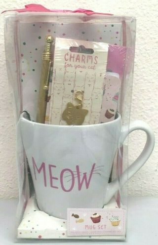 Chasing Lola Meow Kitty Pink White Gold Cat Charm Coffee Tea Mug Gift Set