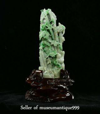 13.  2 " Chinese Emerald Jadeite Green Jade Carved Bamboo Bird Statue Sculpture