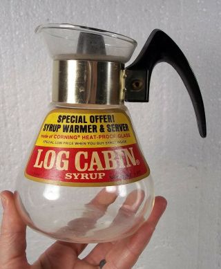 Vtg Log Cabin Syrup Corning Heat Proof Glass Pitcher 1 Pt Pint Advertising Label