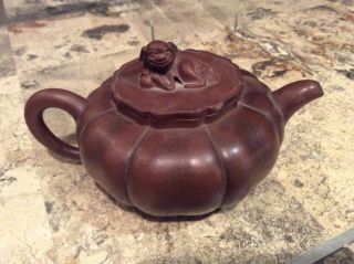 Antique Chinese Yixing Zisha Clay Teapot With Foo Dog On Lid Melon Shape W/stamp