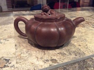 Antique Chinese Yixing Zisha Clay Teapot With Foo Dog On Lid Melon Shape W/stamp 2
