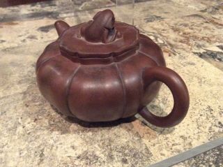 Antique Chinese Yixing Zisha Clay Teapot With Foo Dog On Lid Melon Shape W/stamp 4