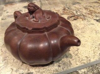 Antique Chinese Yixing Zisha Clay Teapot With Foo Dog On Lid Melon Shape W/stamp 5