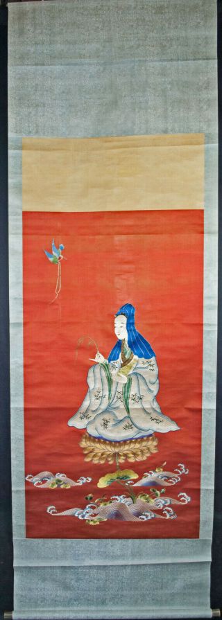 Antique Chinese Hanging Scroll Silk Embroidery - Immortal Sitting On Lotus 2