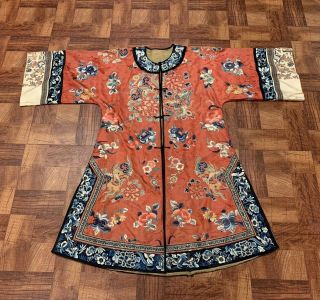 Chinese Qing Dynasty 19th Century Peking Embroidery Silk Red Robe