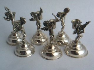 Vintage Set Of 6 Solid Silver Cherub Musician Taper Candle Holders