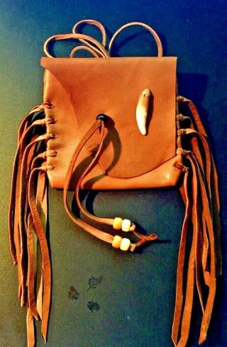 " Coyote " Handmade Lambskin Medicine Bag,  With Fringe And Pony Beads.
