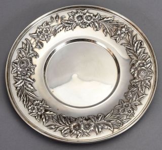 Old S.  Kirk & Son Sterling Silver Floral Repousse Round 10 " Tray 727 - 11.  6 Ozt