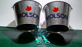 2 Galvanized Metal Beer Ice Buckets Molson Bar Pub Promo W/bonus