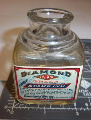 Vintage Inkwell Jar W/ Vintage Label,  Diamond Stamp Ink Green,  Colorful