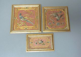 Group/3 Framed Antique Chinese/japanese Silk Embroidery Panels With Birds