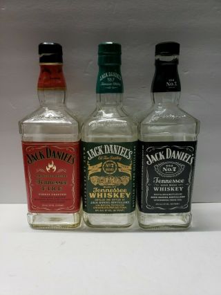 Jack Daniels Green Label Bottle.  Black Label Bottle.  Tennessee Fire Bottle.  750 Ml
