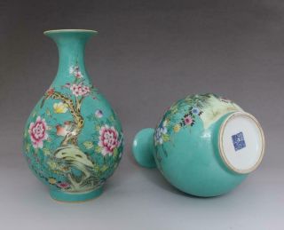 OLD RARE PAIR CHINESE FAMILLE ROSE PORCELAIN VASES QIANLONG MARKED (E81) 3
