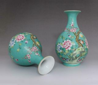OLD RARE PAIR CHINESE FAMILLE ROSE PORCELAIN VASES QIANLONG MARKED (E81) 4