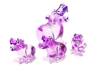 Figurine Miniature Blown Glass Purple Hippopotamus Family Animal Collectibles