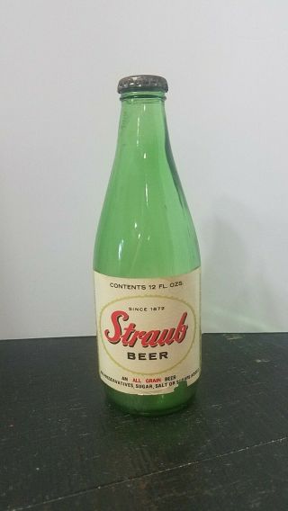 Vintage Straub Beer Green Glass Bottle Paper Label 12 Oz St.  Mary 