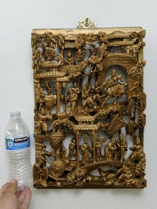 Chinese 3d Gold Gilt Wood Carving Panel Wall Hanging Art 1 17 12