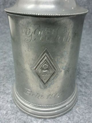 Fraternal Pewter Beer Stein with Glass Bottom G.  B.  Kip BETA 1901 2