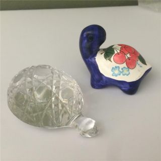 2 Turtle Figurines One Hand Painted Cherries On Its Shell - One Clear Crystal