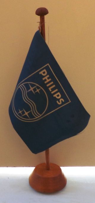 Philips Electronics Vtg Desktop Flag With Wooden Base