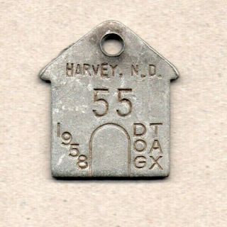 1958 Nd Harvey North Dakota Dog Tax Tag Registration License 55 Aluminum,  Vg