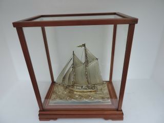 Fine H - Crafted Japanese Two Masted Solid Sterling Silver Model Ship Yacht Japan